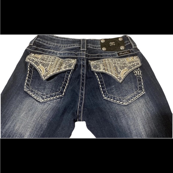 Rock Revival Rhinestone Miss Me Blue Boot Cut Jeans with Lace Overlay  Pockets - Picture 5 of 5